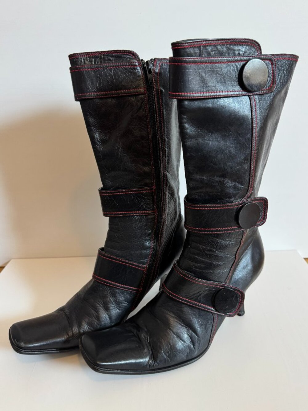 Vintage Black Leather Kitten Heel Boots Whimsygoth Y2K Size 8.5